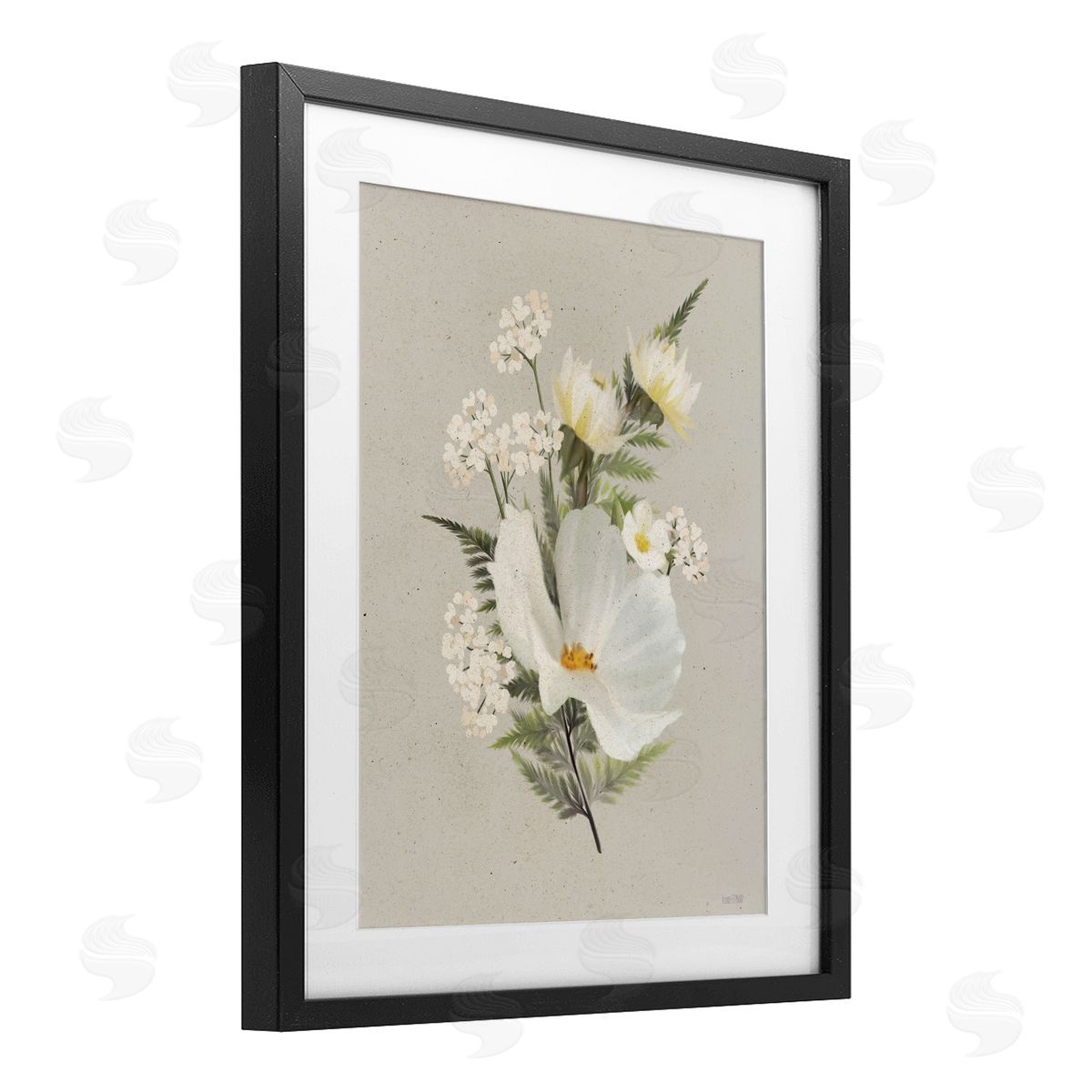 House Fenway Paper Flowers White Blossom Black Framed Print Under Glass with White Mat Wall Art