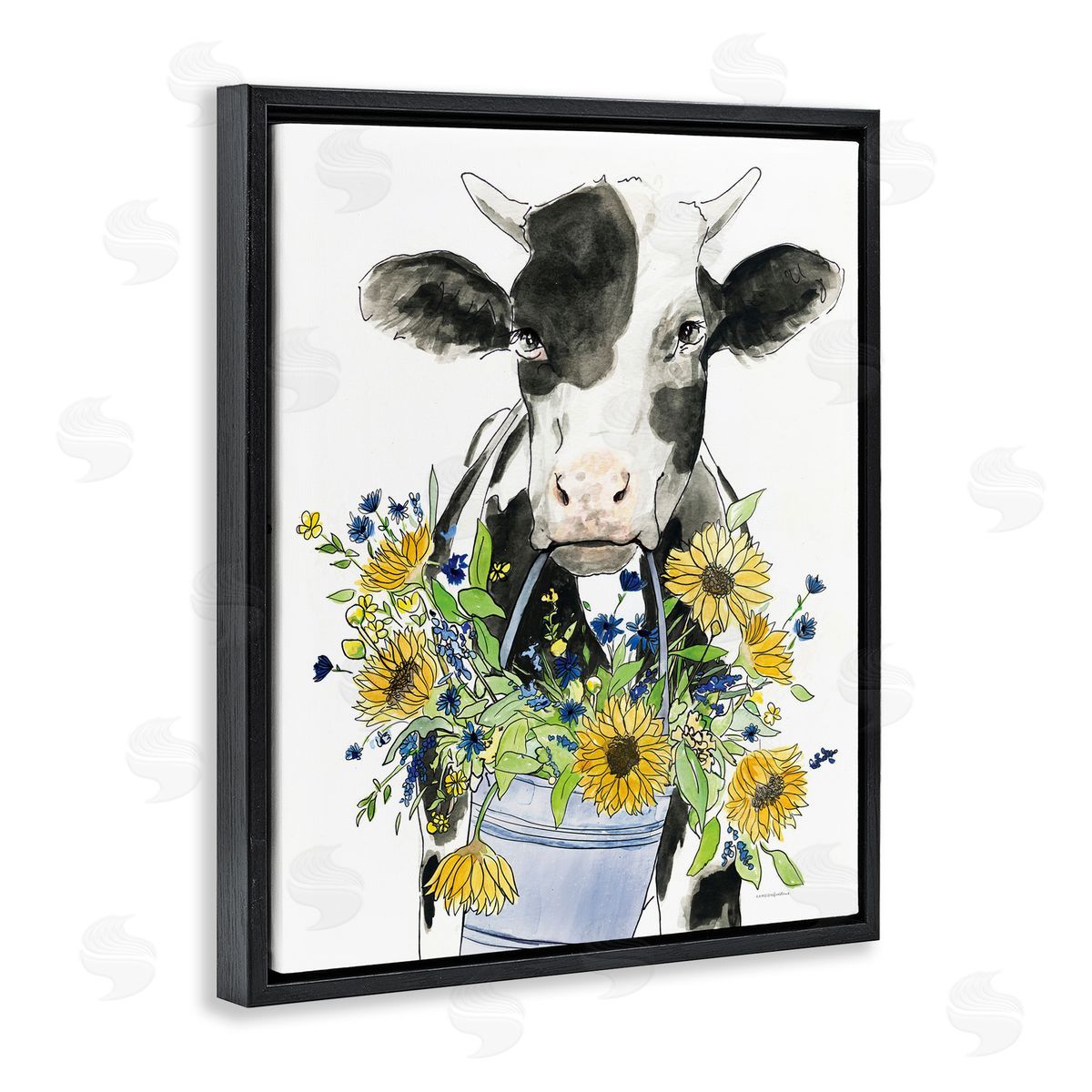 Kamdon Kreations Bessie in the Sunflowers Cow Black Floating Frame Canvas Wall Art Print