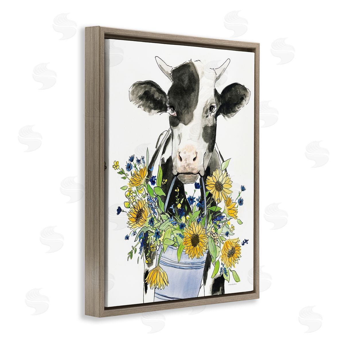 Kamdon Kreations Bessie in the Sunflowers Cow Brown Floating Frame Canvas Wall Art Print