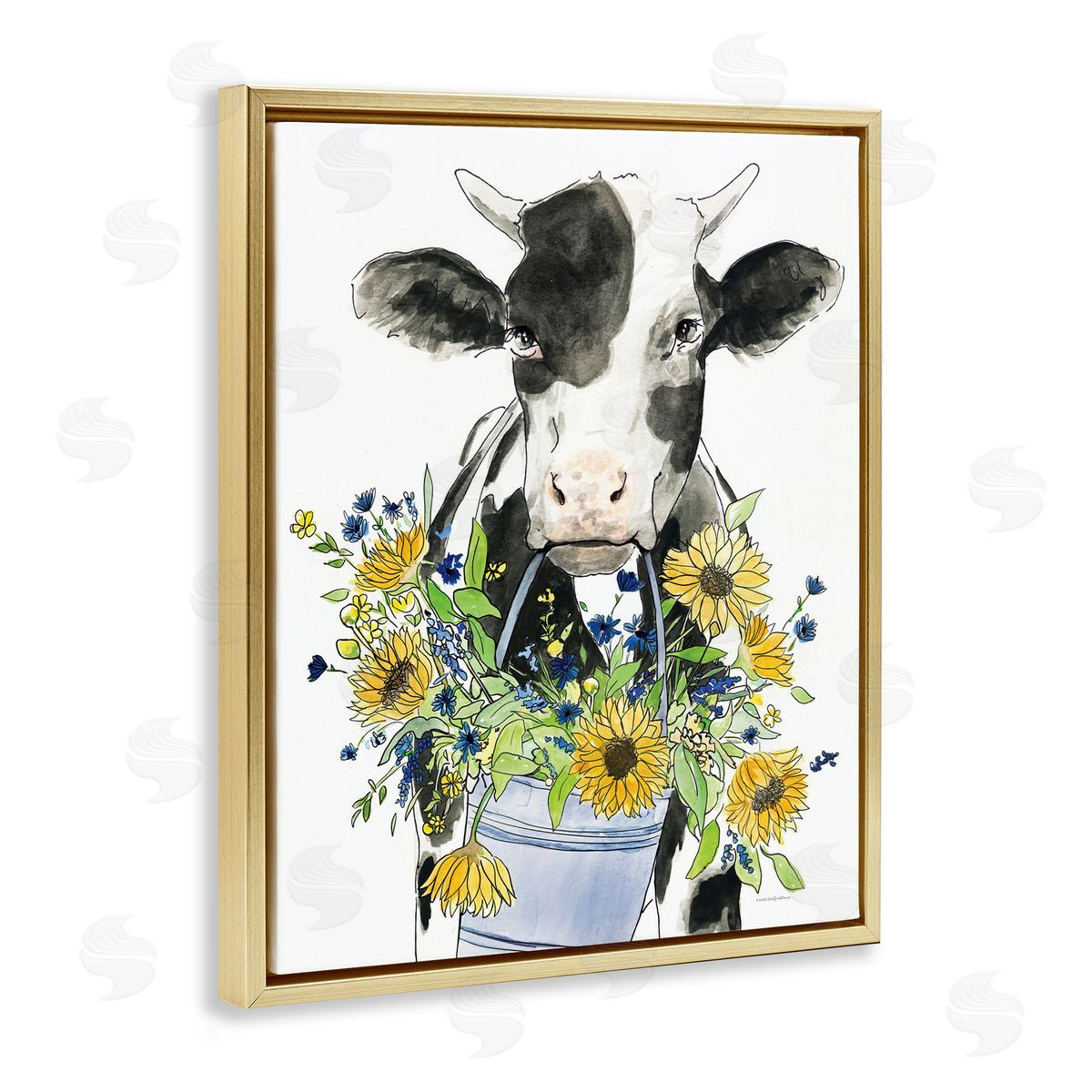 Kamdon Kreations Bessie in the Sunflowers Cow Gold Floating Frame Canvas Wall Art Print