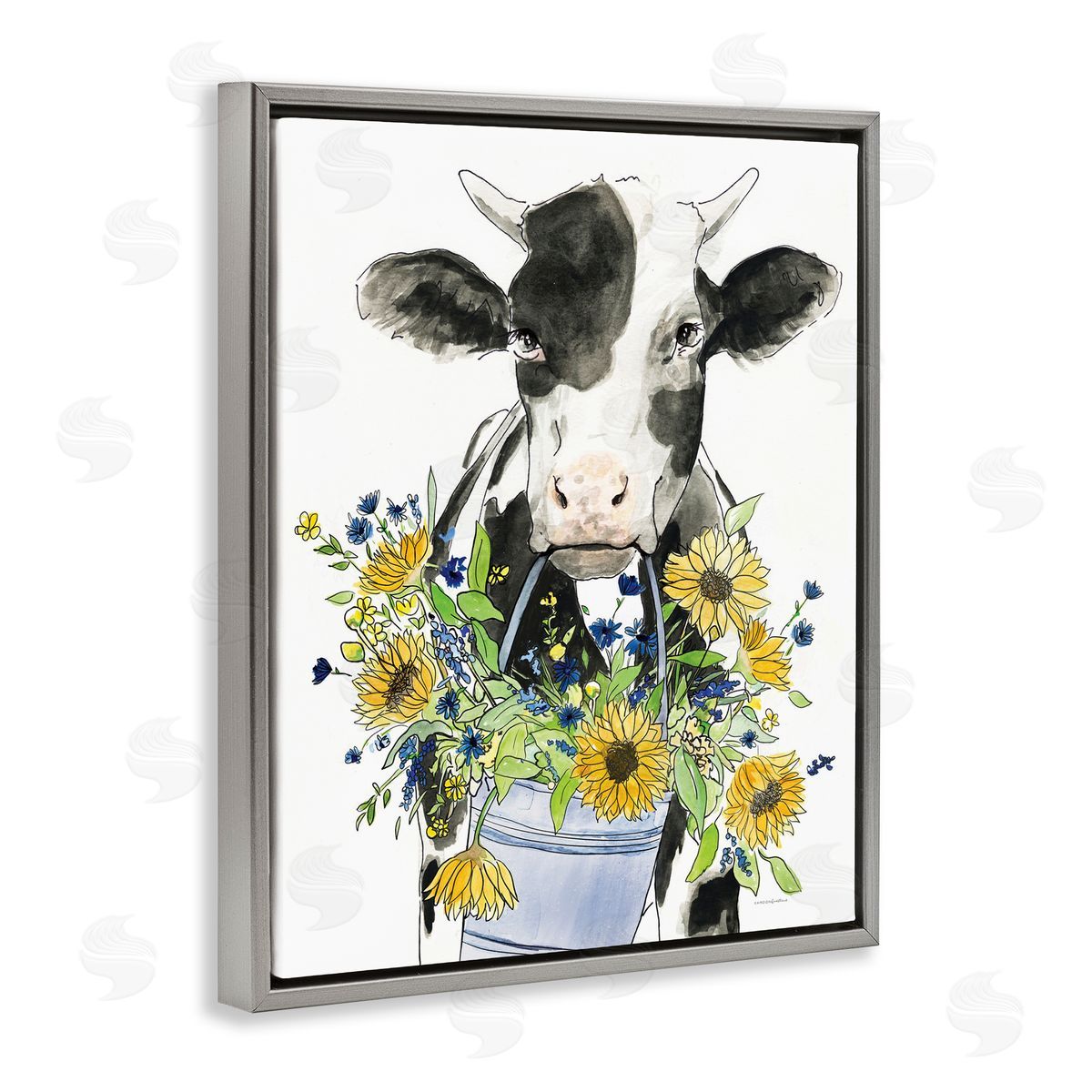 Kamdon Kreations Bessie in the Sunflowers Cow Gray Floating Frame Canvas Wall Art Print