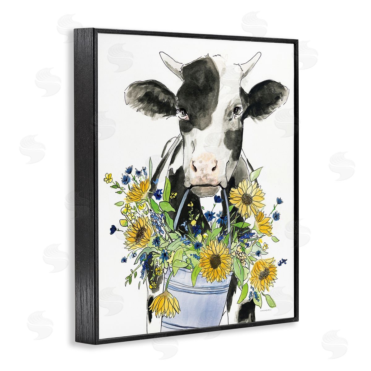Kamdon Kreations Bessie in the Sunflowers Cow Black Framed Giclee Wall Art Print
