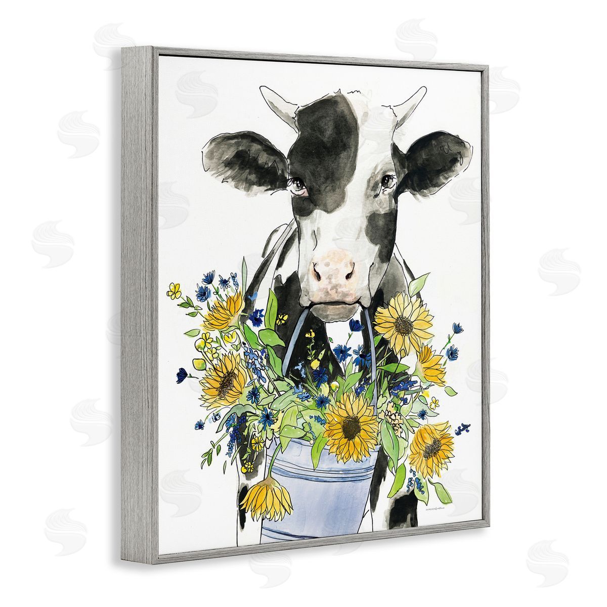 Kamdon Kreations Bessie in the Sunflowers Cow Gray Framed Giclee Wall Art Print