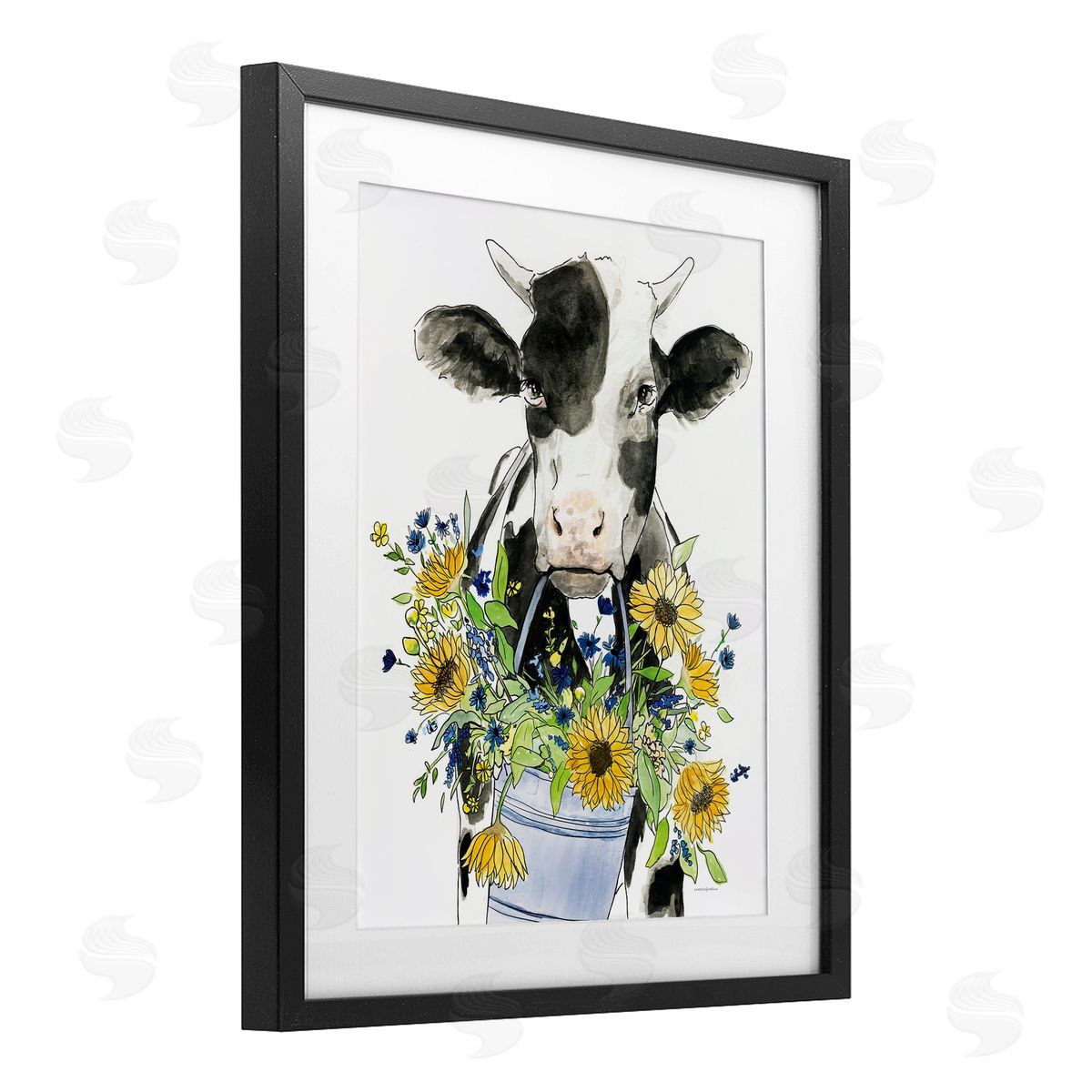 Kamdon Kreations Bessie in the Sunflowers Cow Black Framed Print Under Glass with White Mat Wall Art