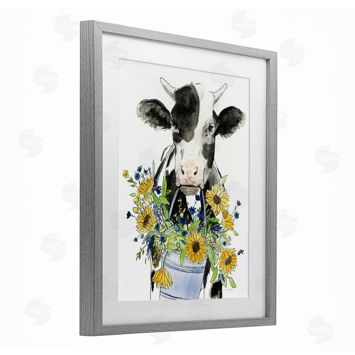 Kamdon Kreations Bessie in the Sunflowers Cow Gray Framed Print Under Glass with White Mat Wall Art