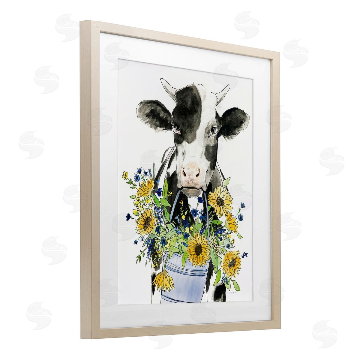 Kamdon Kreations Bessie in the Sunflowers Cow Birch Framed Print Under Glass with White Mat Wall Art