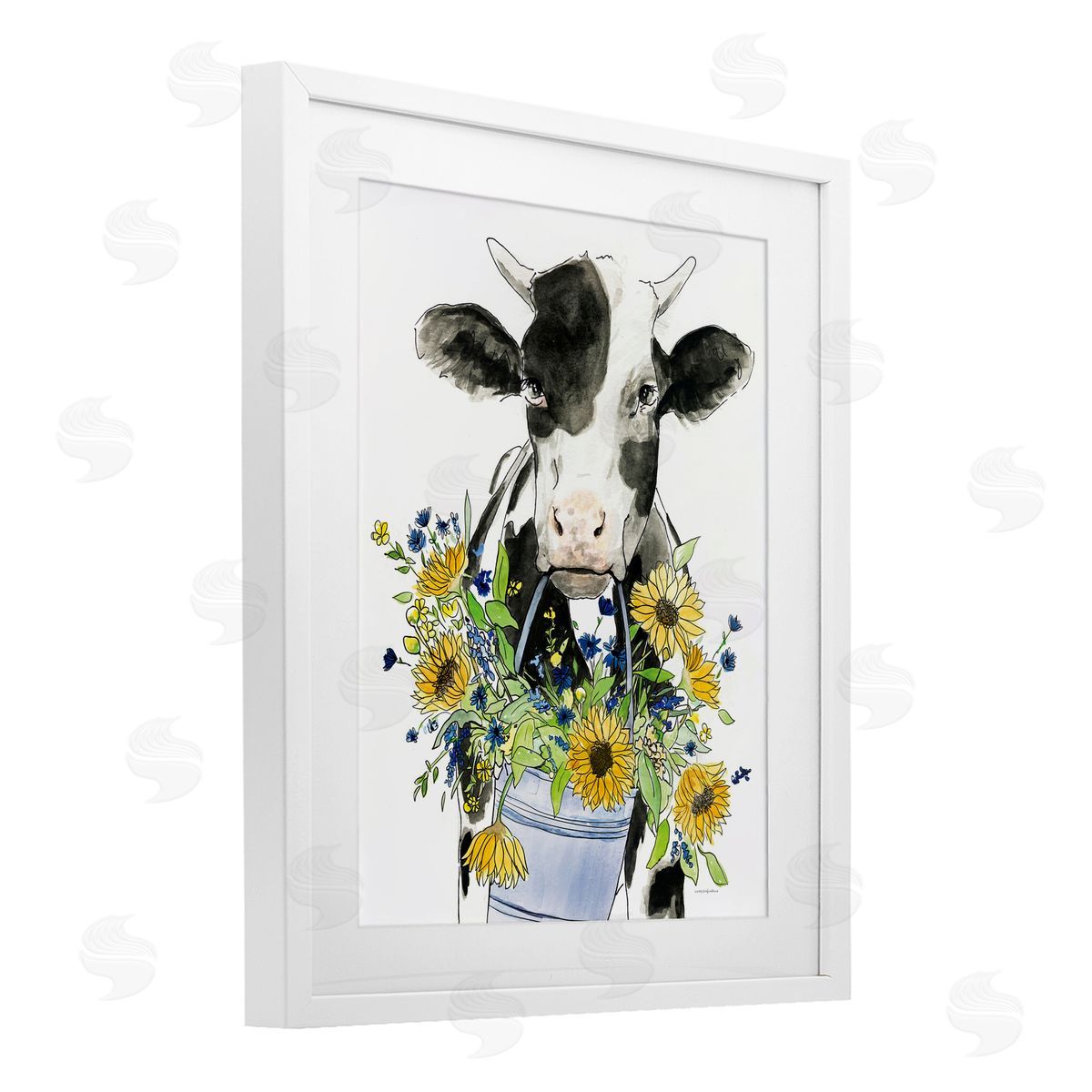 Kamdon Kreations Bessie in the Sunflowers Cow White Framed Print Under Glass with Mat Wall Art