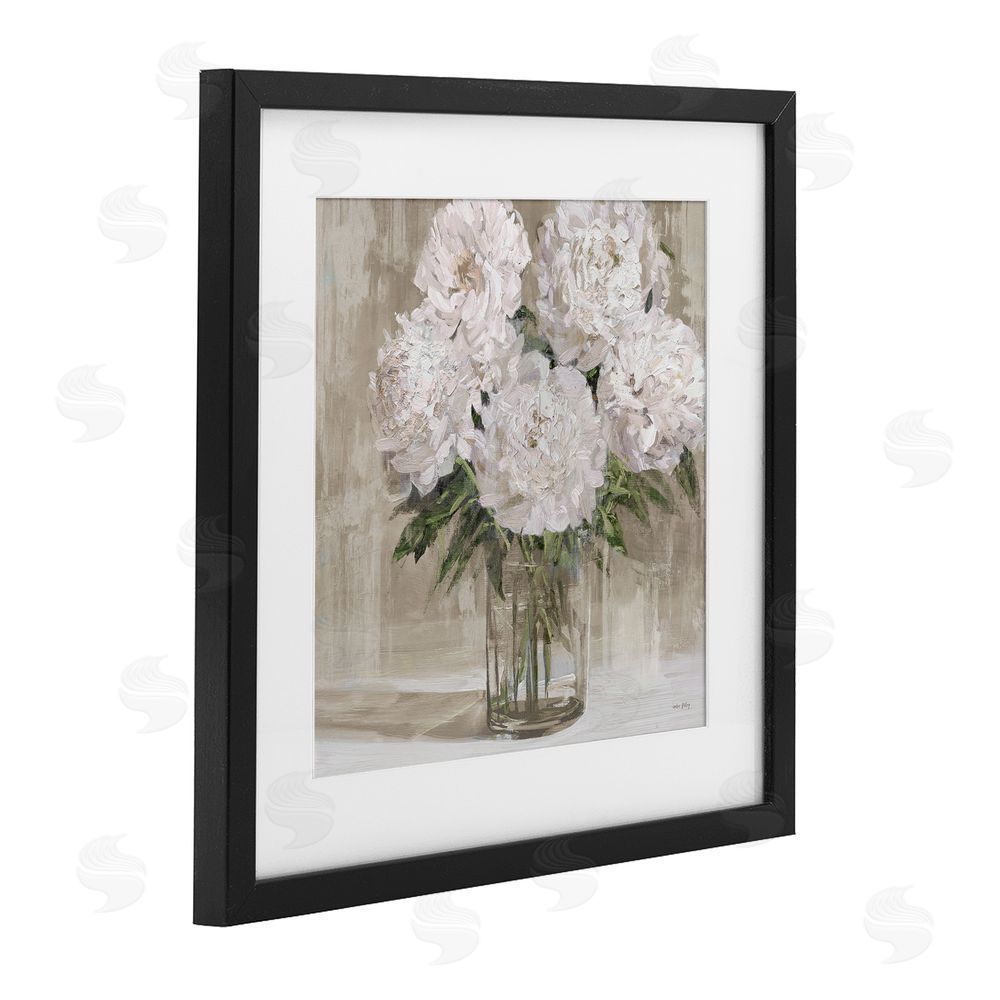 Amber Sterling Peony Blooms Beige Neutral Black Framed Print Under Glass with White Mat Wall Art