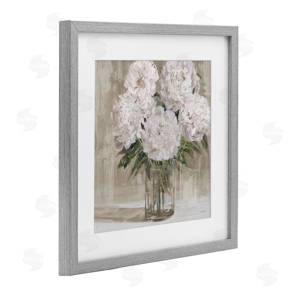 Amber Sterling Peony Blooms Beige Neutral Gray Framed Print Under Glass with White Mat Wall Art