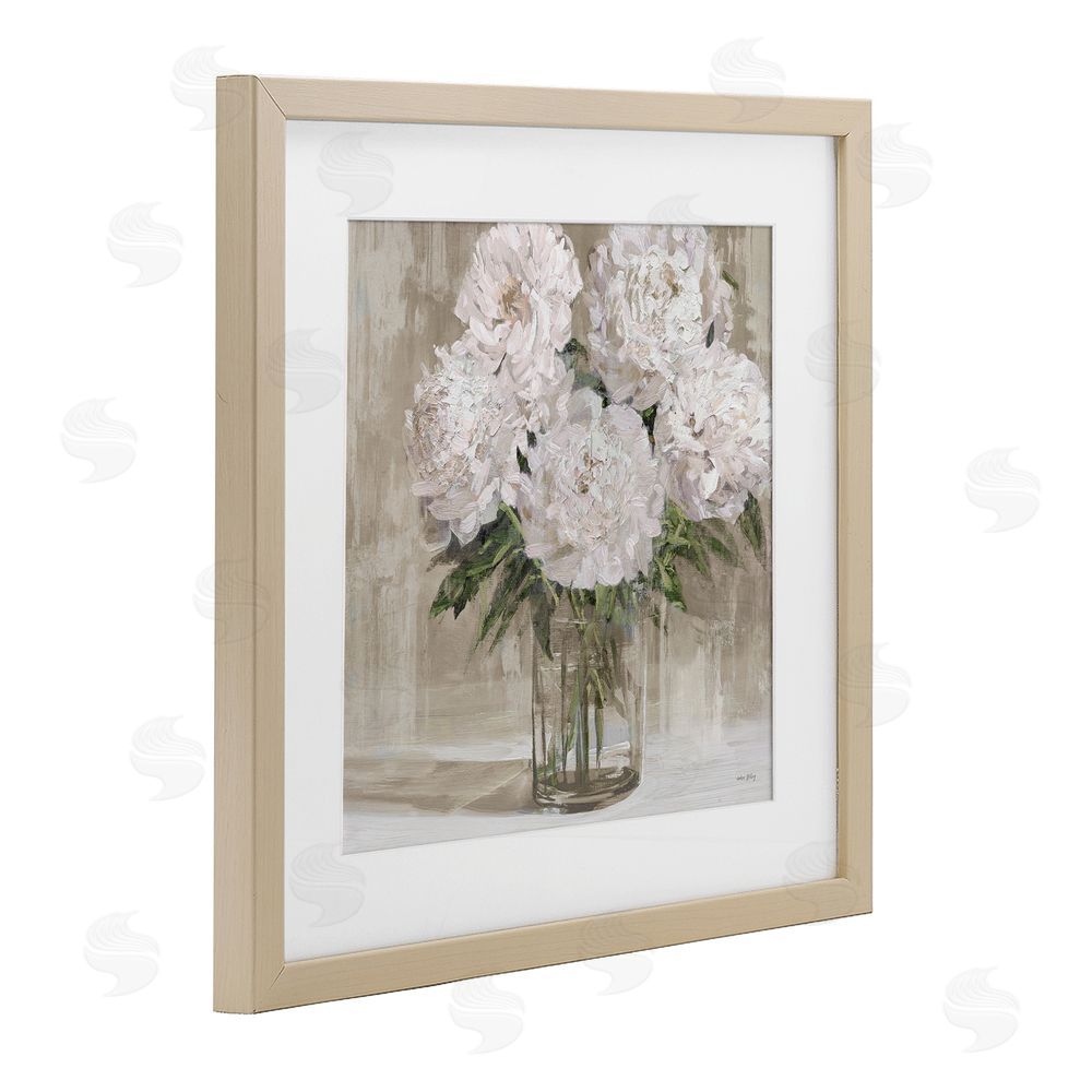 Amber Sterling Peony Blooms Beige Neutral Birch Framed Print Under Glass with White Mat Wall Art