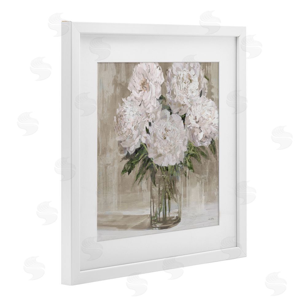 Amber Sterling Peony Blooms Beige Neutral White Framed Print Under Glass with Mat Wall Art