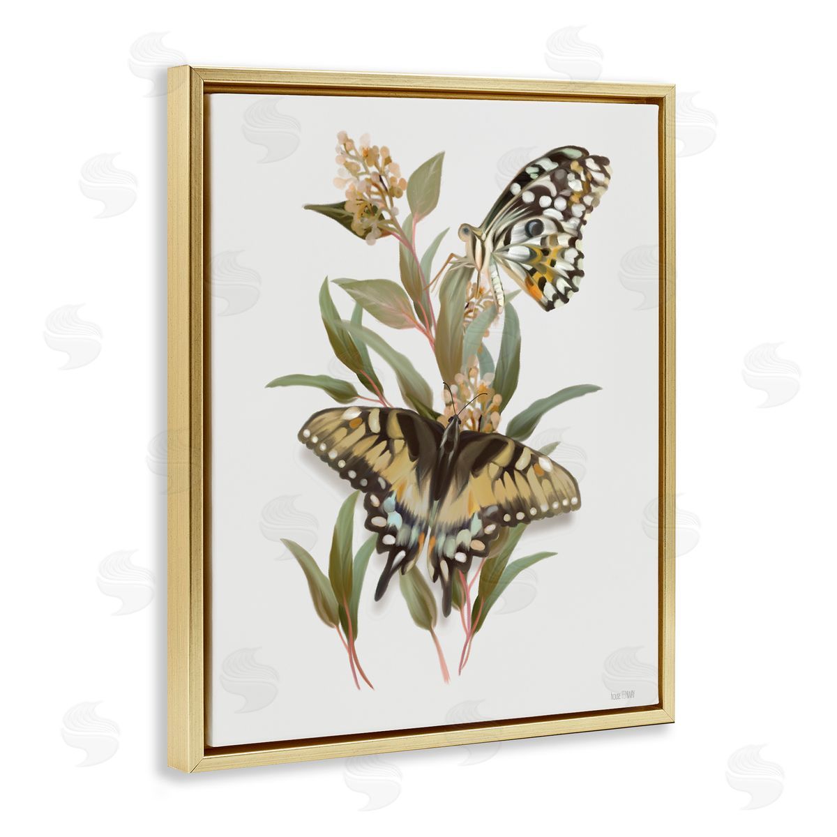 House Fenway Butterfly Grove Green Grasses Gold Floating Frame Canvas Wall Art Print