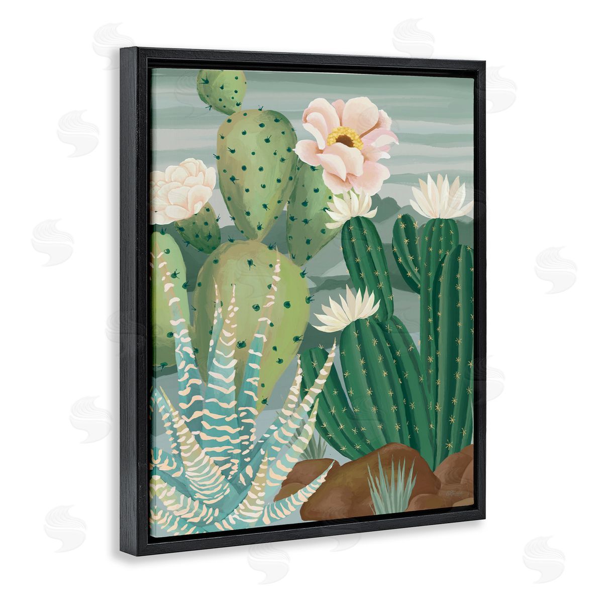 Cat Thurman Designs Green and Bloom Cacti Black Floating Frame Canvas Wall Art Print