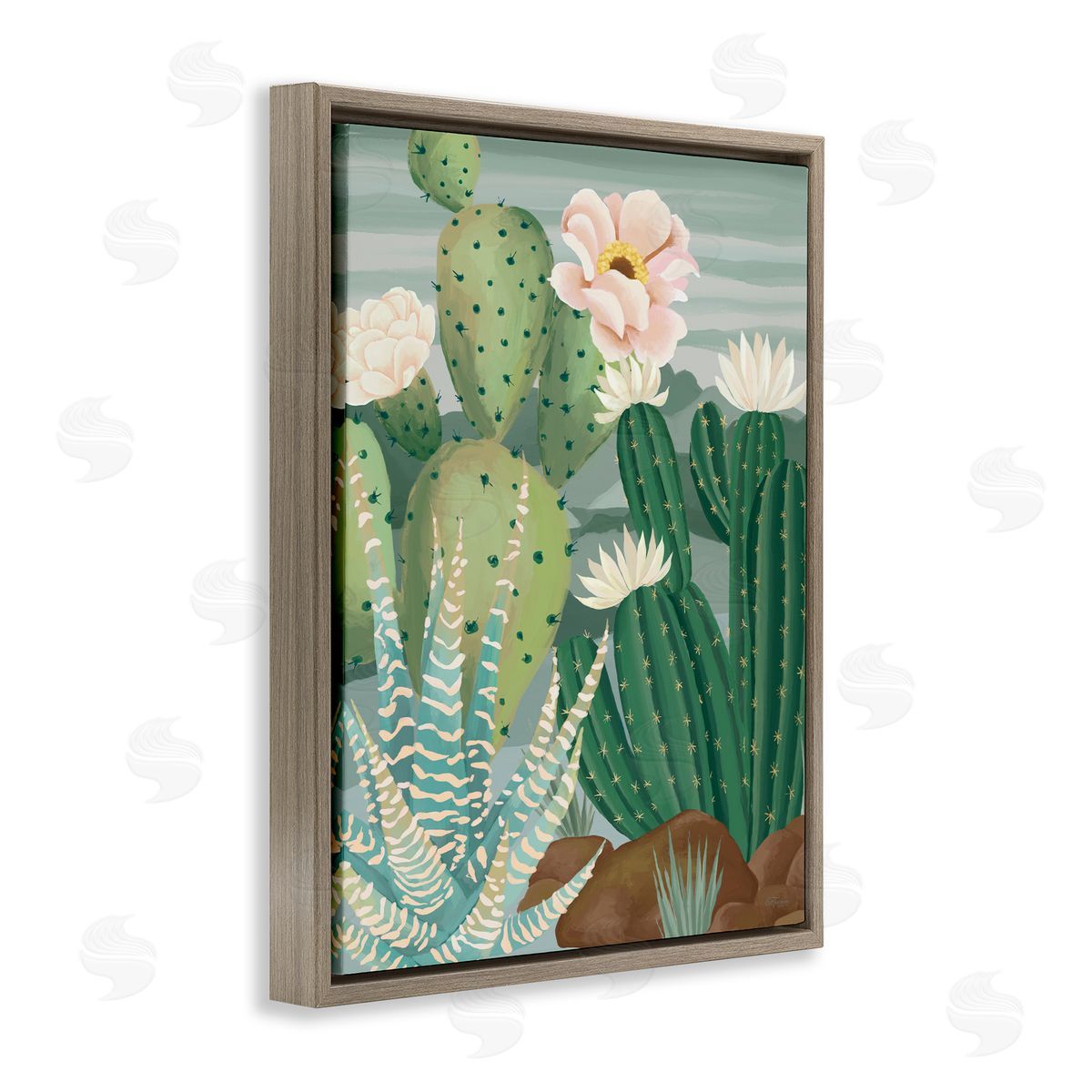 Cat Thurman Designs Green and Bloom Cacti Brown Floating Frame Canvas Wall Art Print