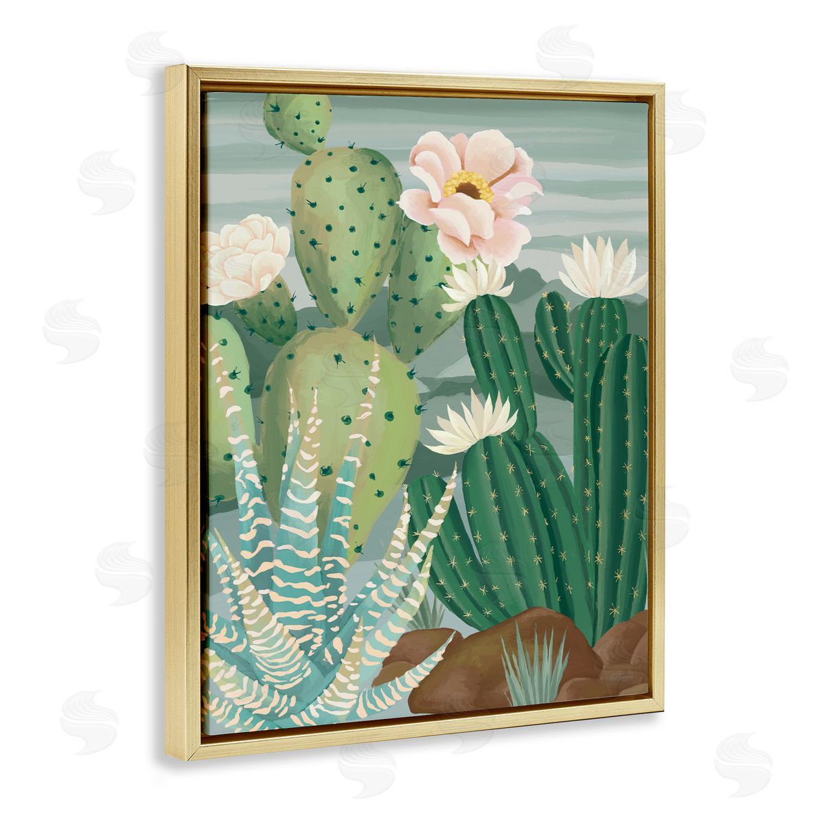 Cat Thurman Designs Green and Bloom Cacti Gold Floating Frame Canvas Wall Art Print