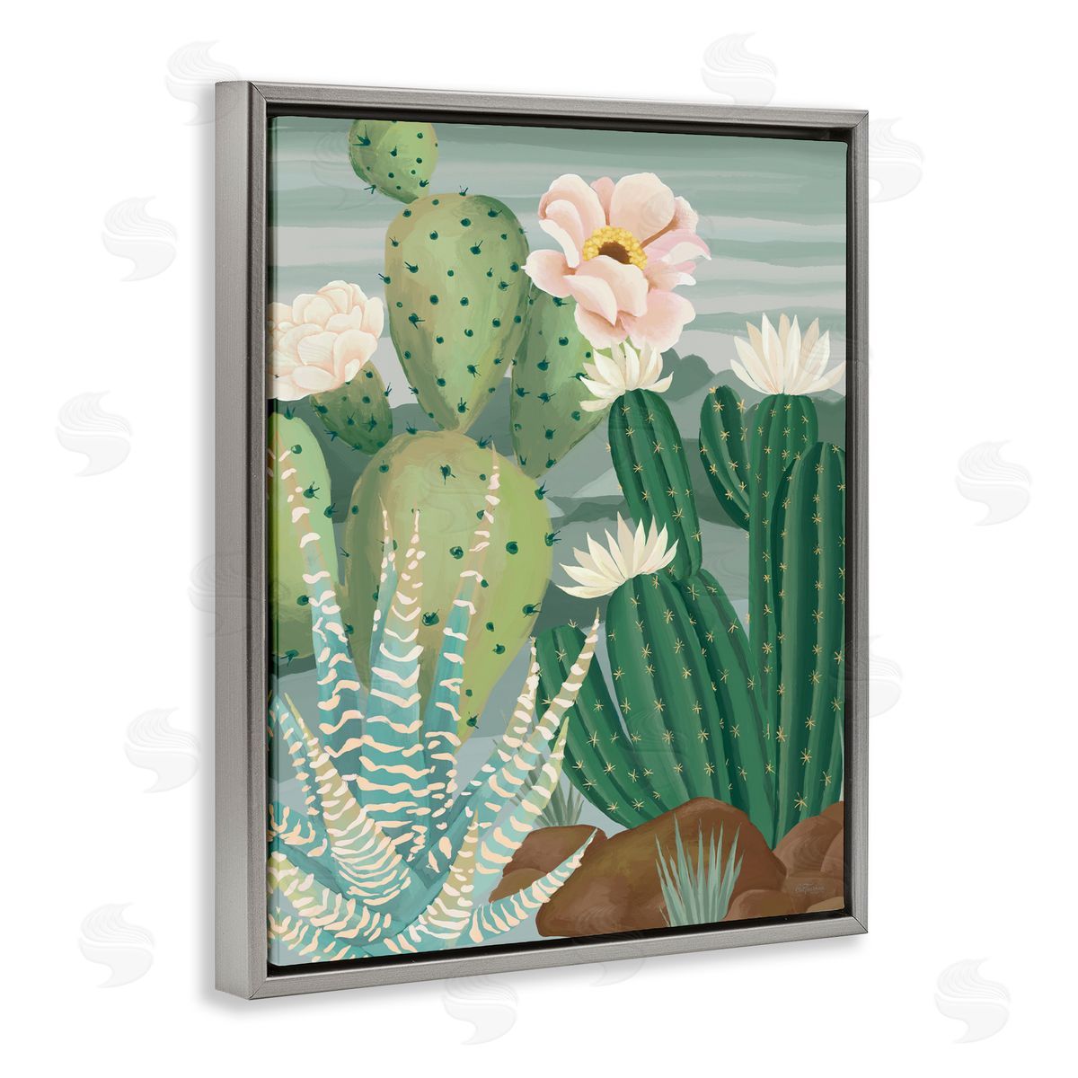 Cat Thurman Designs Green and Bloom Cacti Gray Floating Frame Canvas Wall Art Print