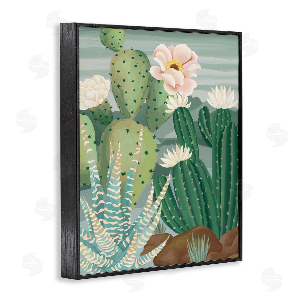 Cat Thurman Designs Green and Bloom Cacti Black Framed Giclee Wall Art Print