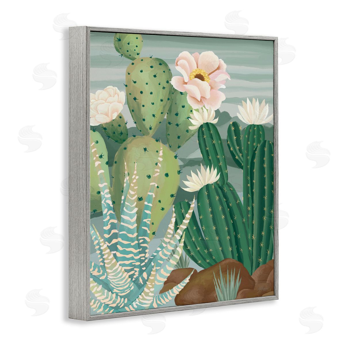 Cat Thurman Designs Green and Bloom Cacti Gray Framed Giclee Wall Art Print