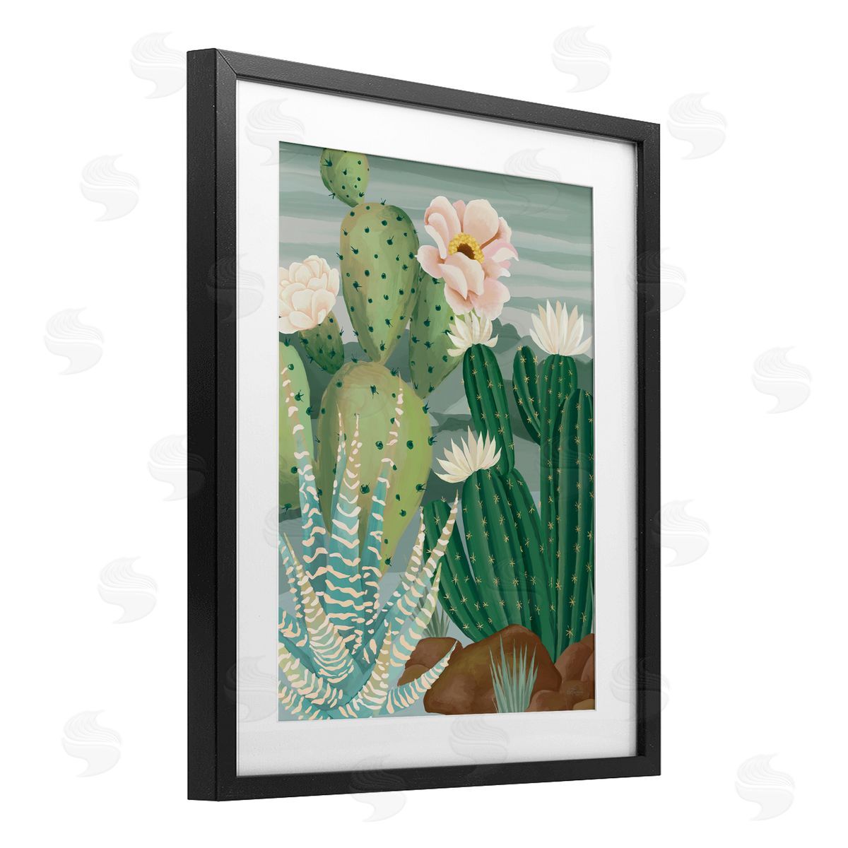 Cat Thurman Designs Green and Bloom Cacti Black Framed Print Under Glass with White Mat Wall Art