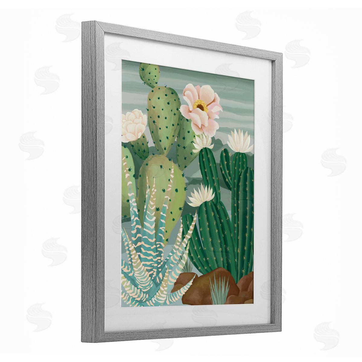 Cat Thurman Designs Green and Bloom Cacti Gray Framed Print Under Glass with White Mat Wall Art