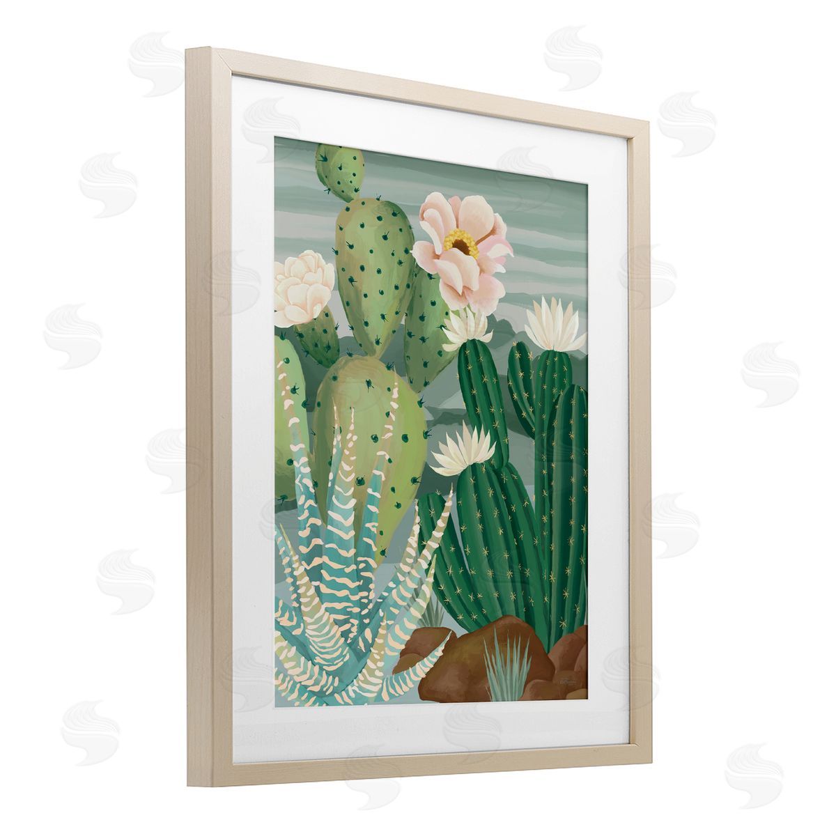 Cat Thurman Designs Green and Bloom Cacti Birch Framed Print Under Glass with White Mat Wall Art