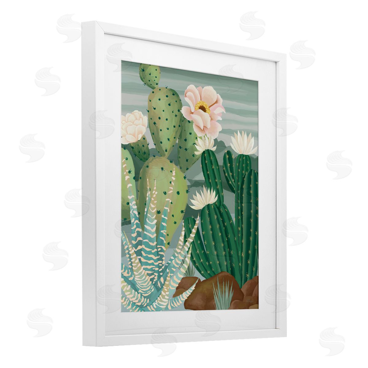 Cat Thurman Designs Green and Bloom Cacti White Framed Print Under Glass with Mat Wall Art