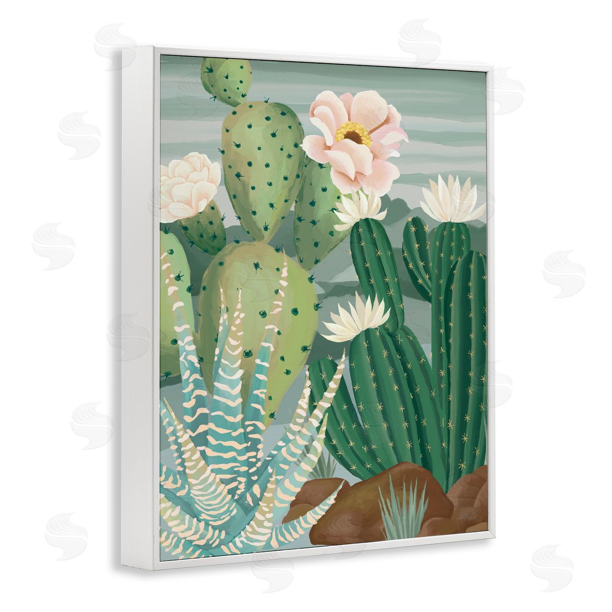Cat Thurman Designs Green and Bloom Cacti White Framed Giclee Wall Art Print