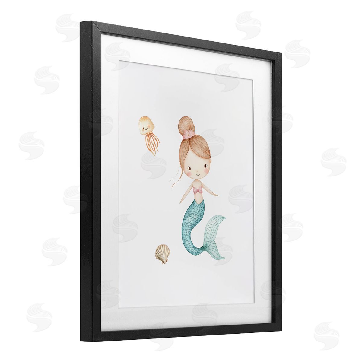 Christine Simpson Art Soft Mermaid & Jellyfish Black Framed Print Under Glass with White Mat Wall Art