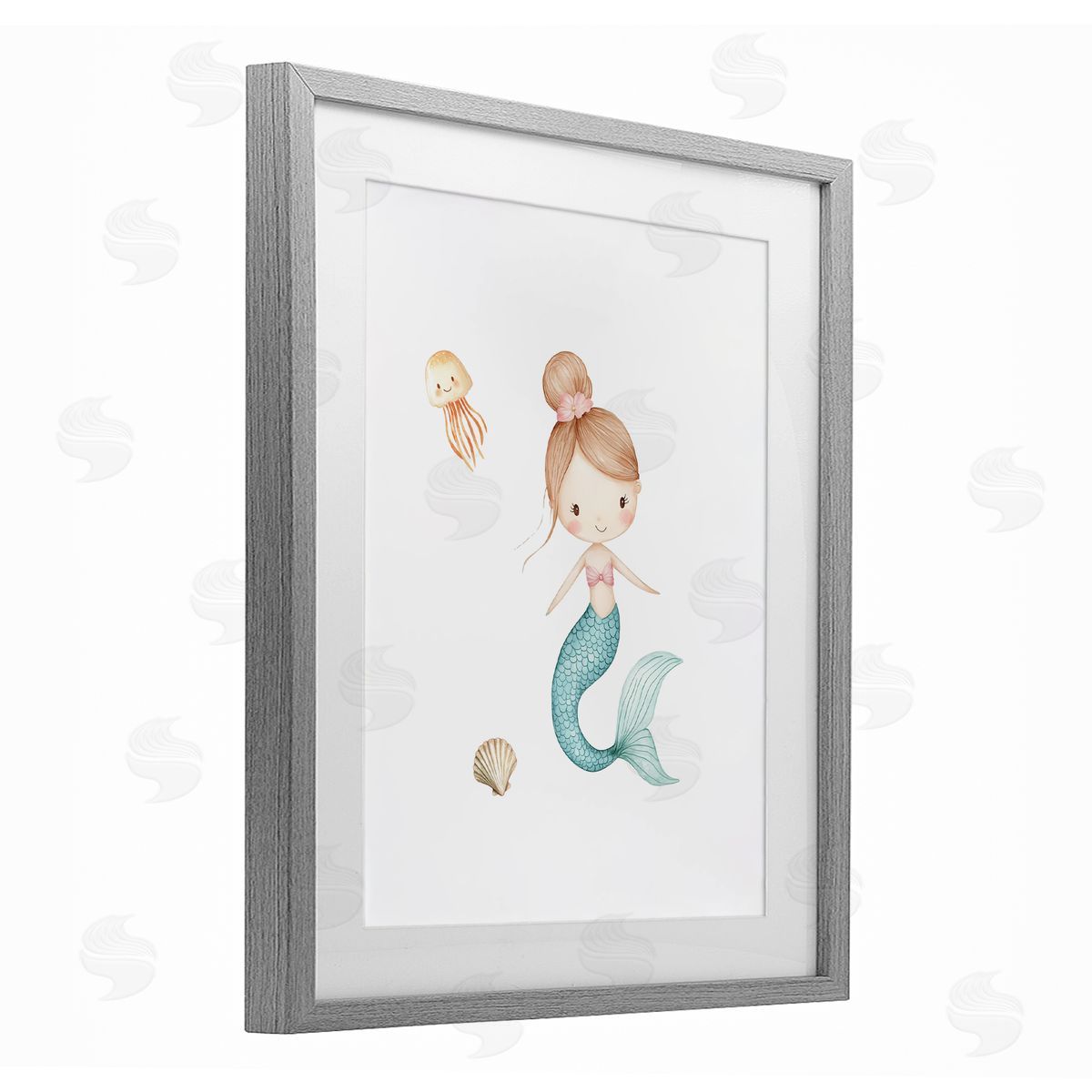 Christine Simpson Art Soft Mermaid & Jellyfish Gray Framed Print Under Glass with White Mat Wall Art