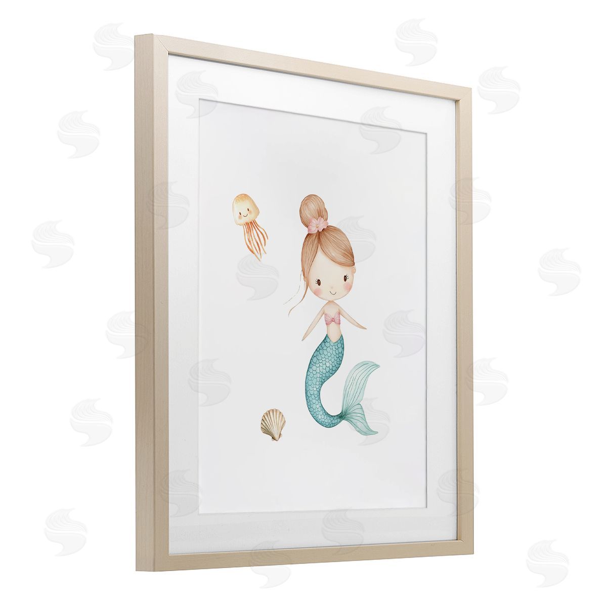 Christine Simpson Art Soft Mermaid & Jellyfish Birch Framed Print Under Glass with White Mat Wall Art