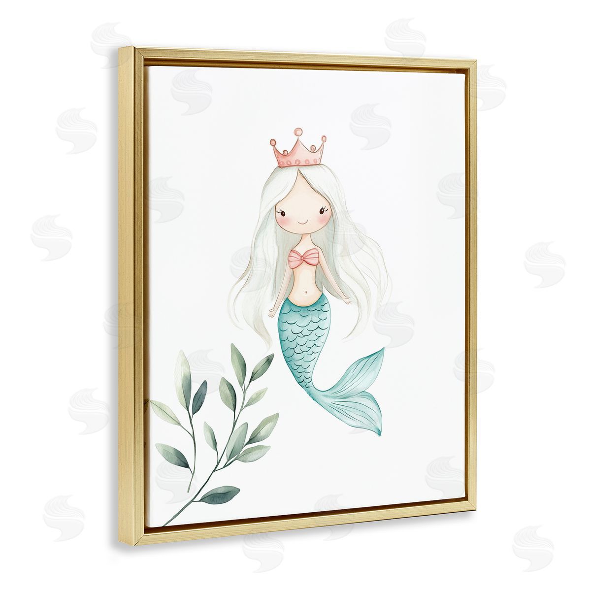 Christine Simpson Art Princess Mermaid & Greenery Gold Floating Frame Canvas Wall Art Print
