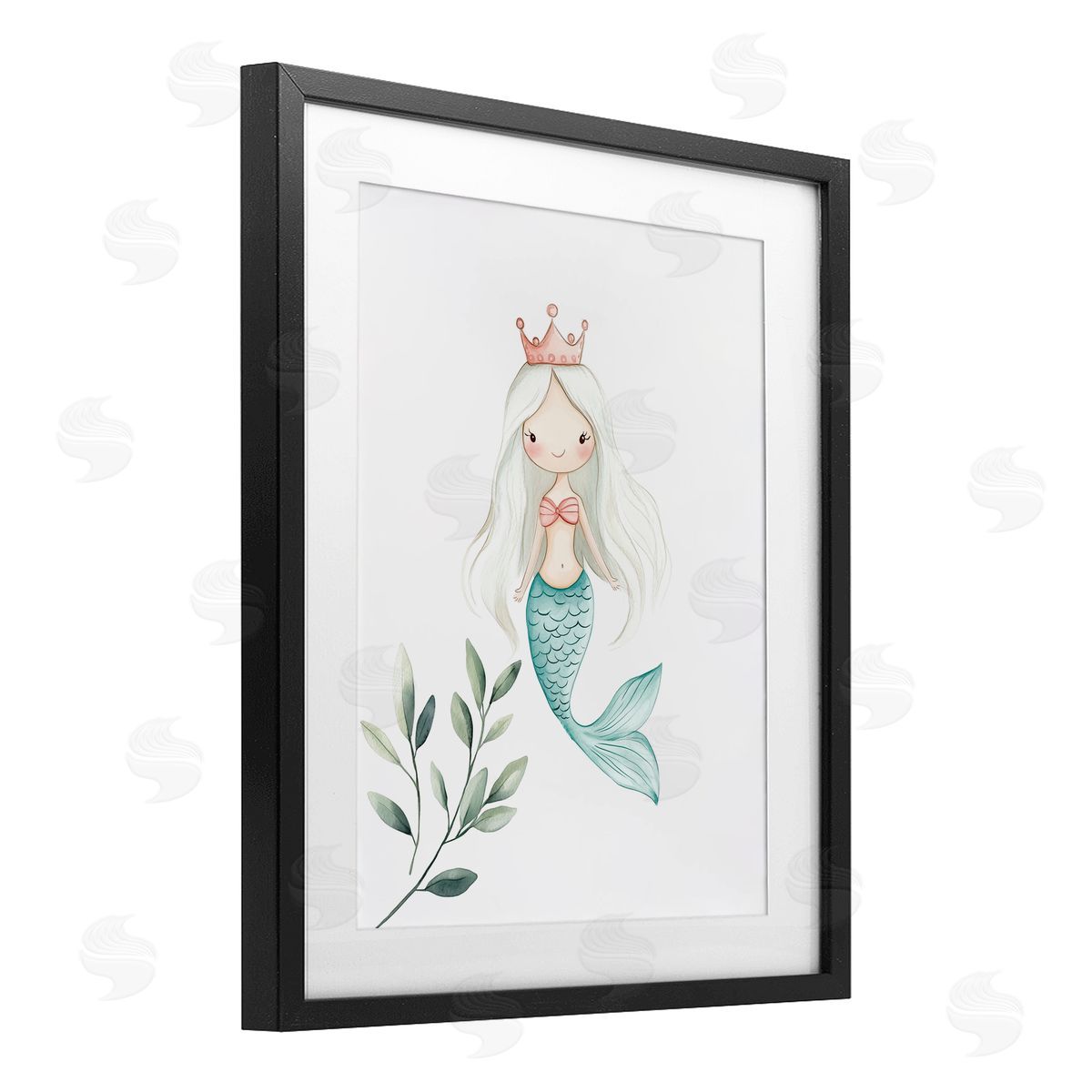 Christine Simpson Art Princess Mermaid & Greenery Black Framed Print Under Glass with White Mat Wall Art