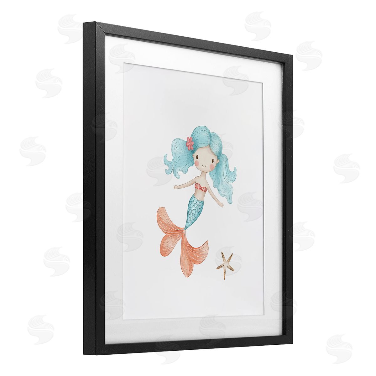 Christine Simpson Art Mermaid's Adventure with Starfish Black Framed Print Under Glass with White Mat Wall Art