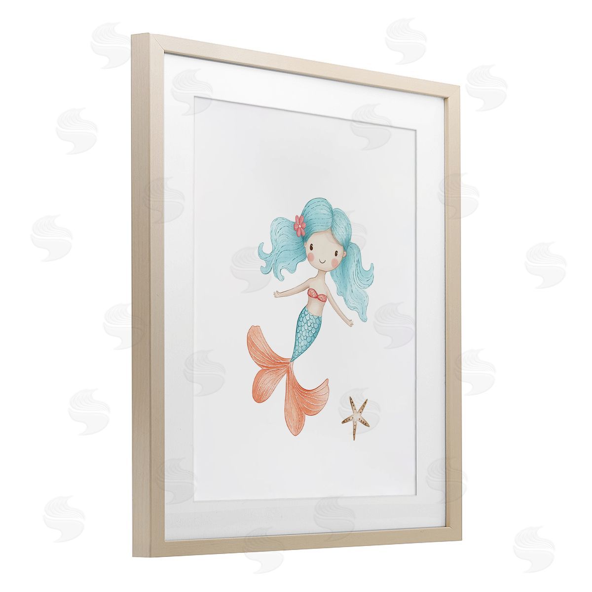 Christine Simpson Art Mermaid's Adventure with Starfish Birch Framed Print Under Glass with White Mat Wall Art