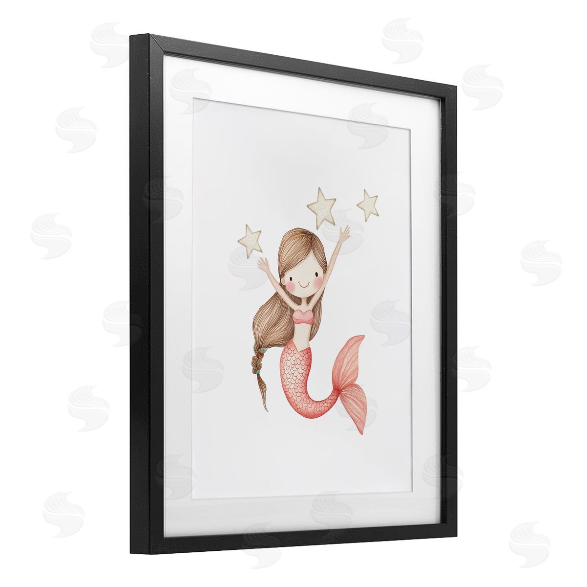 Christine Simpson Art Pink Mermaid and Stars Black Framed Print Under Glass with White Mat Wall Art