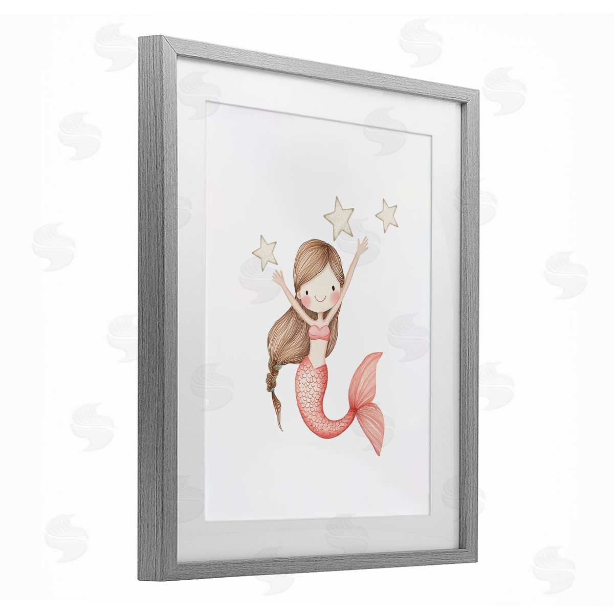 Christine Simpson Art Pink Mermaid and Stars Gray Framed Print Under Glass with White Mat Wall Art
