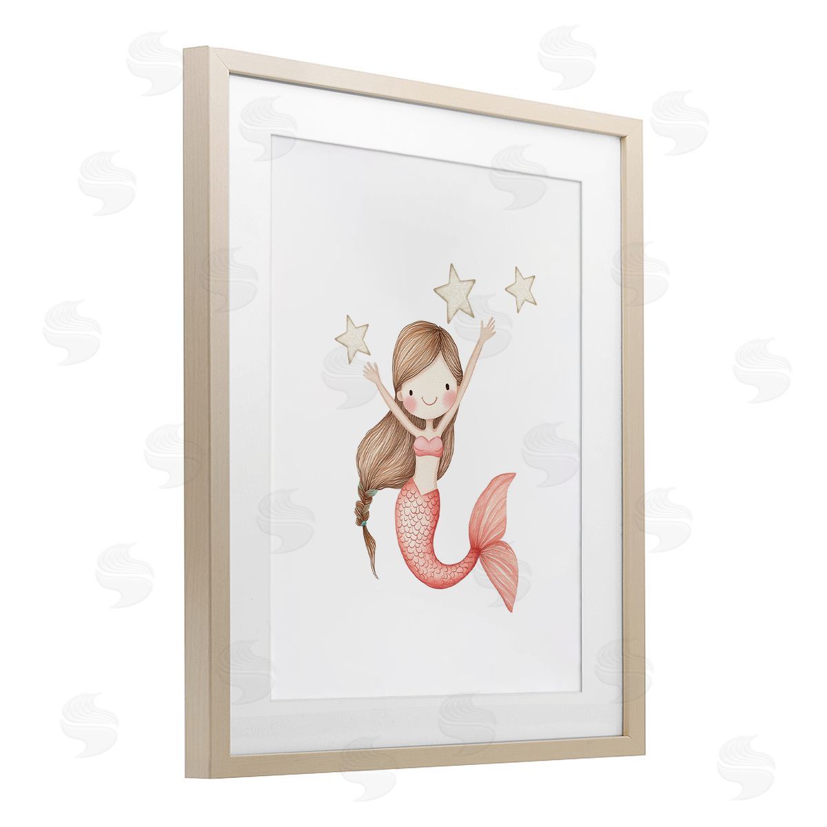 Christine Simpson Art Pink Mermaid and Stars Birch Framed Print Under Glass with White Mat Wall Art