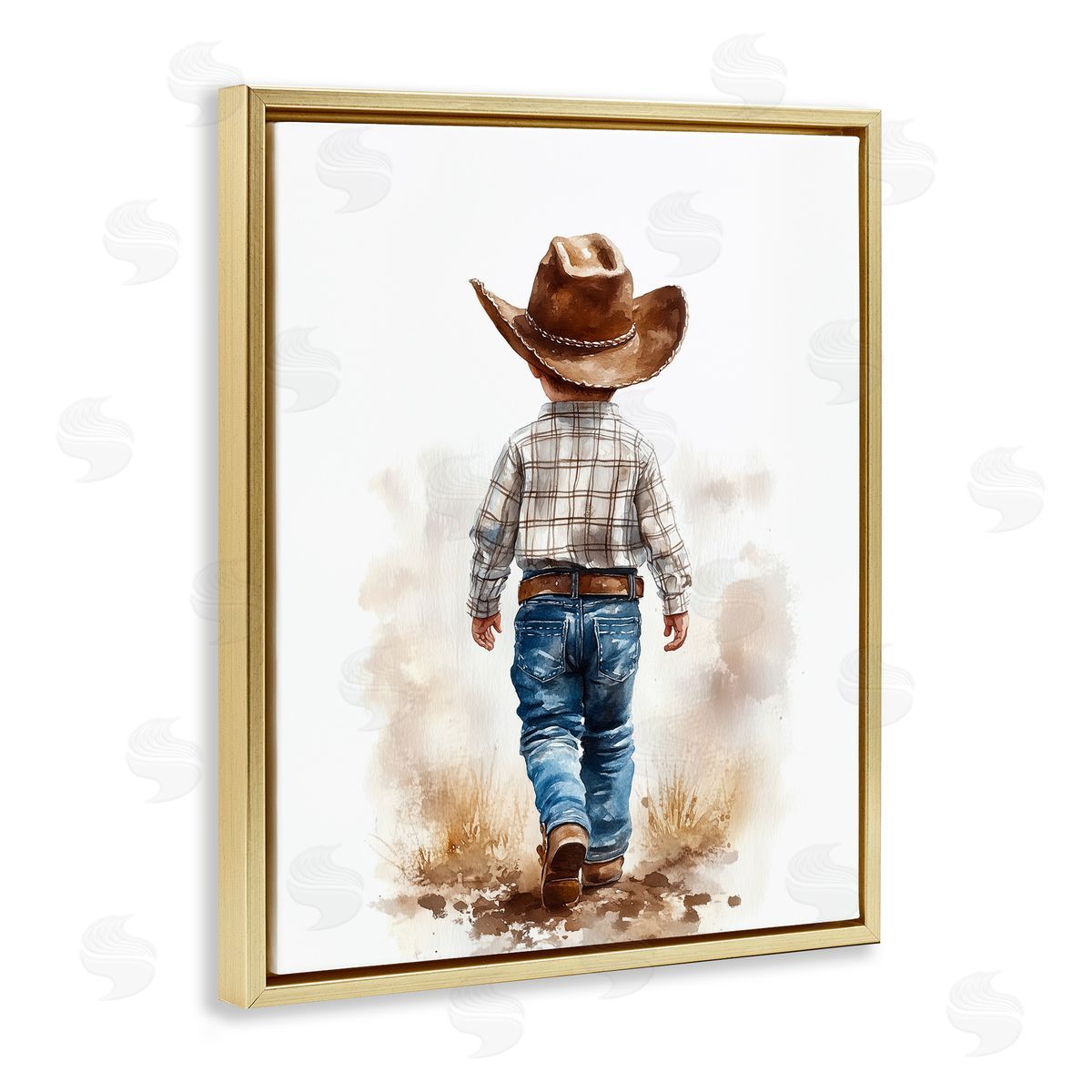 Christine Simpson Art Rustic Cowboy Child Gold Floating Frame Canvas Wall Art Print