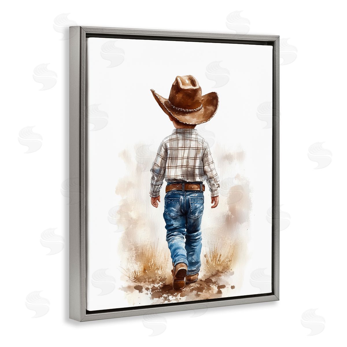 Christine Simpson Art Rustic Cowboy Child Gray Floating Frame Canvas Wall Art Print