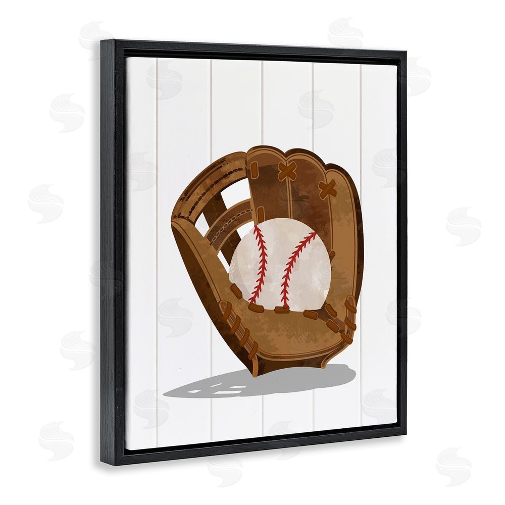 Christine Simpson Art Sporty Baseball in Glove Black Floating Frame Canvas Wall Art Print