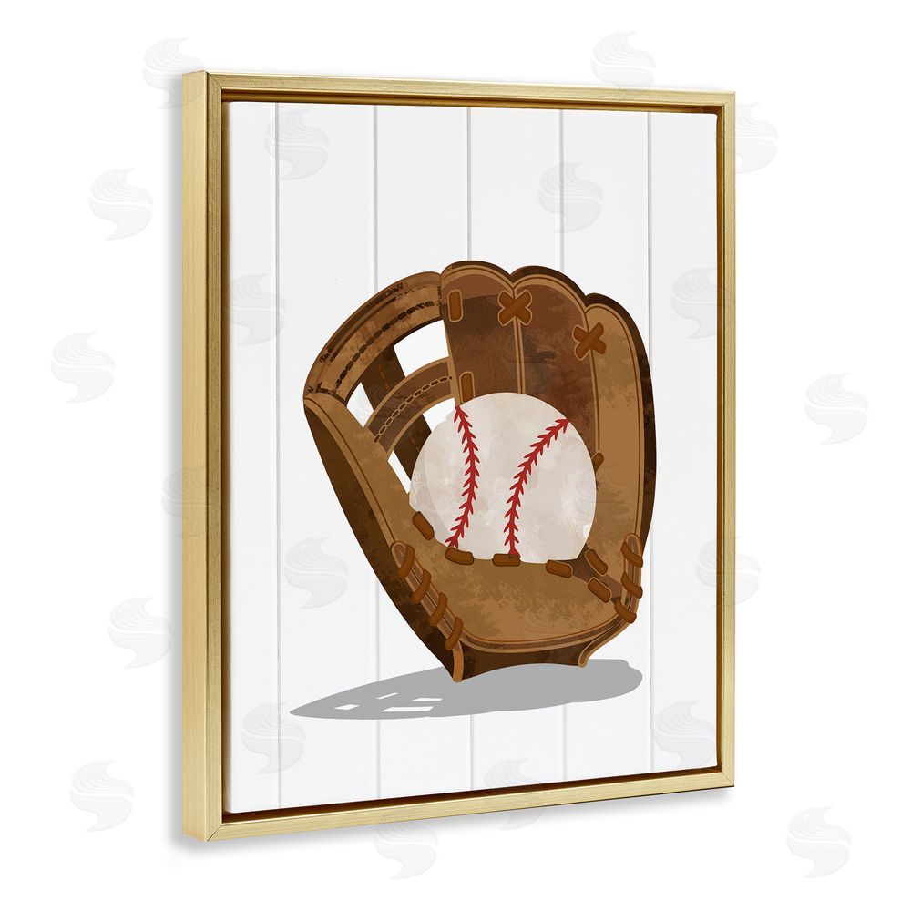 Christine Simpson Art Sporty Baseball in Glove Gold Floating Frame Canvas Wall Art Print