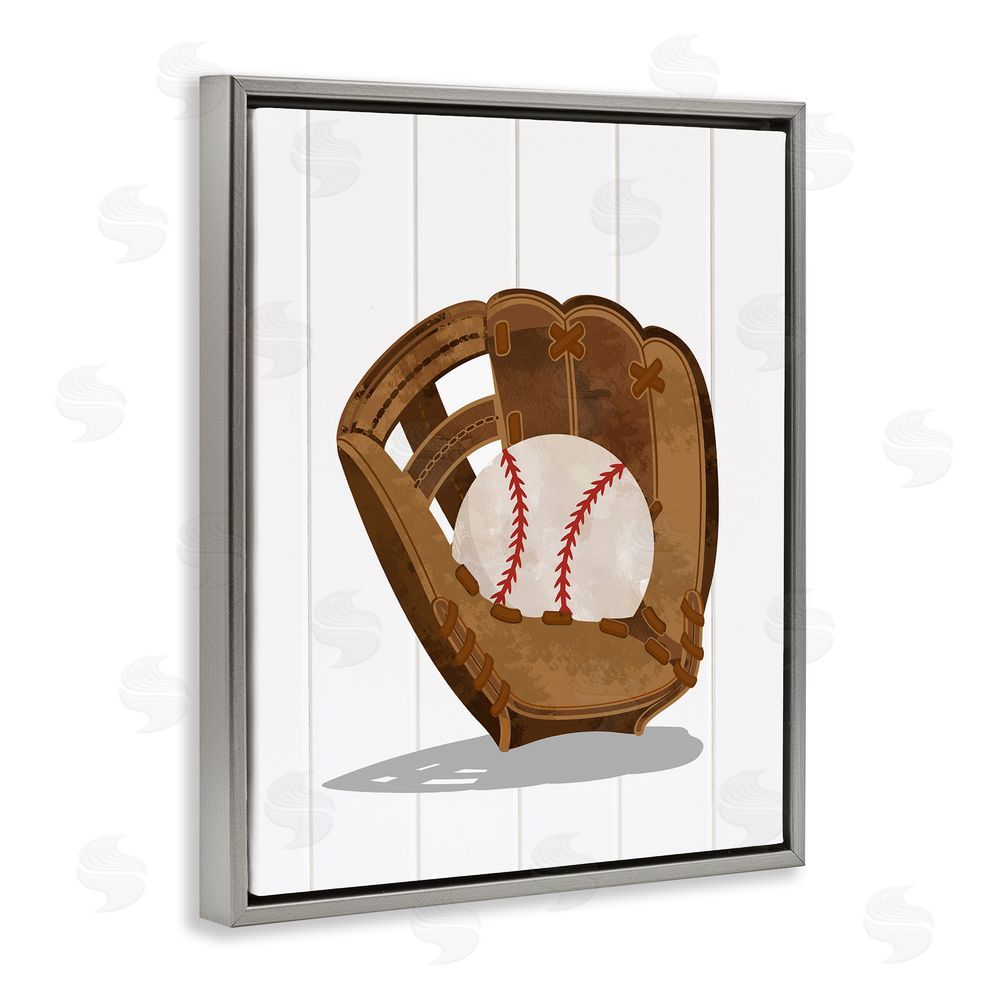 Christine Simpson Art Sporty Baseball in Glove Gray Floating Frame Canvas Wall Art Print