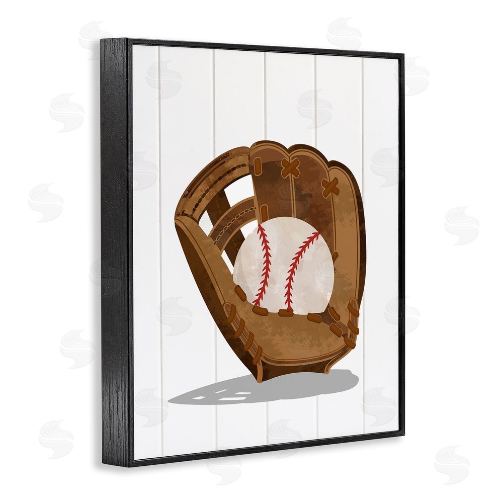 Christine Simpson Art Sporty Baseball in Glove Black Framed Giclee Wall Art Print