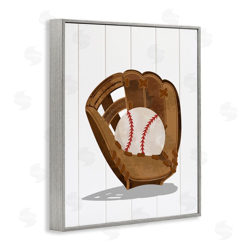 Christine Simpson Art Sporty Baseball in Glove Gray Framed Giclee Wall Art Print