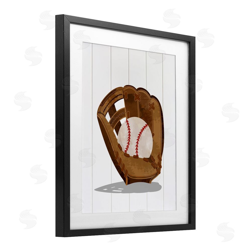 Christine Simpson Art Sporty Baseball in Glove Black Framed Print Under Glass with White Mat Wall Art