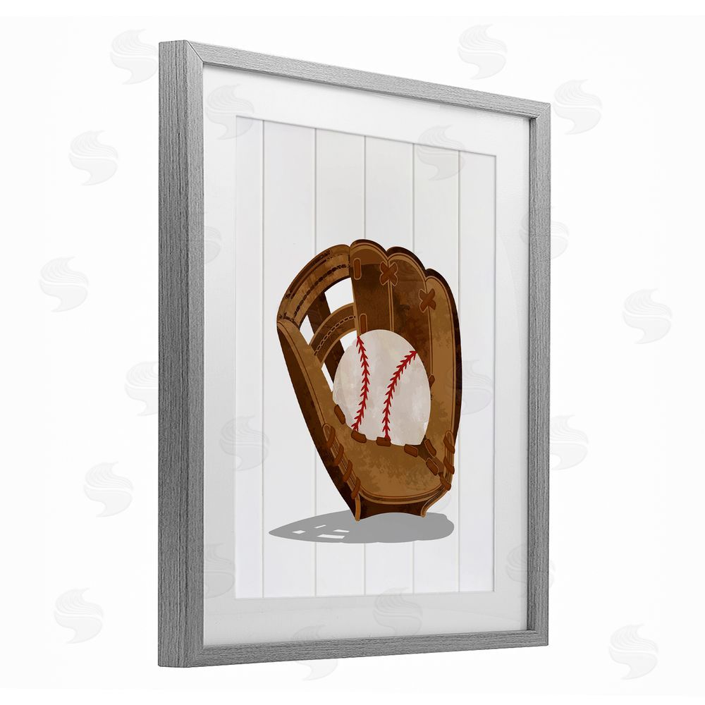 Christine Simpson Art Sporty Baseball in Glove Gray Framed Print Under Glass with White Mat Wall Art
