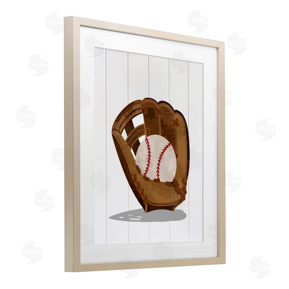 Christine Simpson Art Sporty Baseball in Glove Birch Framed Print Under Glass with White Mat Wall Art