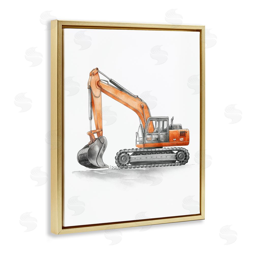 Christine Simpson Art Working Trucks Excavator Gold Floating Frame Canvas Wall Art Print