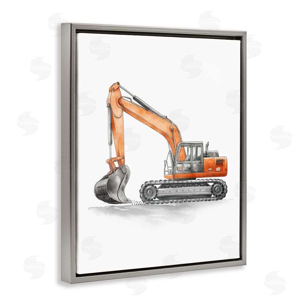 Christine Simpson Art Working Trucks Excavator Gray Floating Frame Canvas Wall Art Print