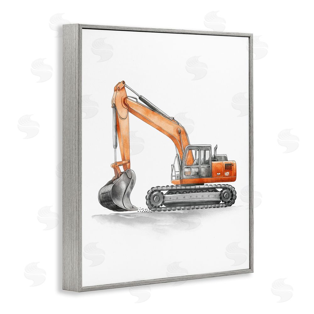 Christine Simpson Art Working Trucks Excavator Gray Framed Giclee Wall Art Print